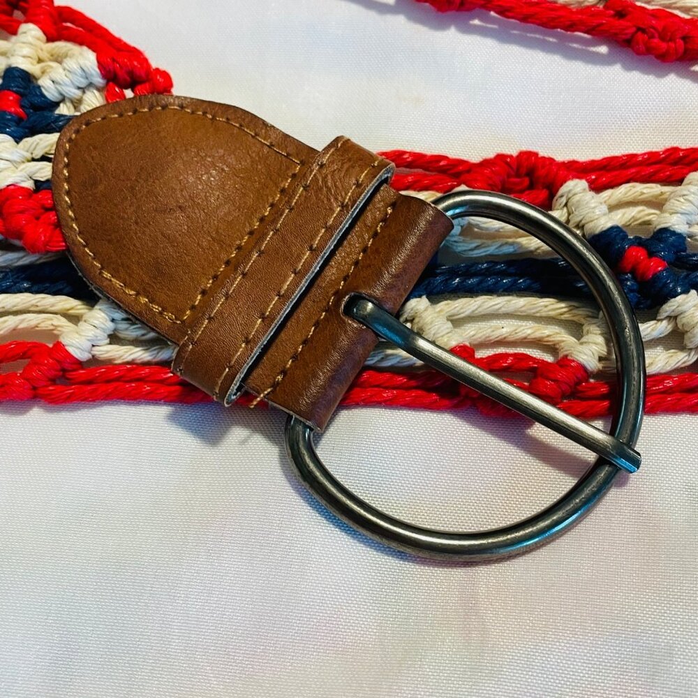 Vintage Woven Belt W/ Faux Leather Accents & D-Ring Buckle - Red White Blue - Si - Picture 4 of 12